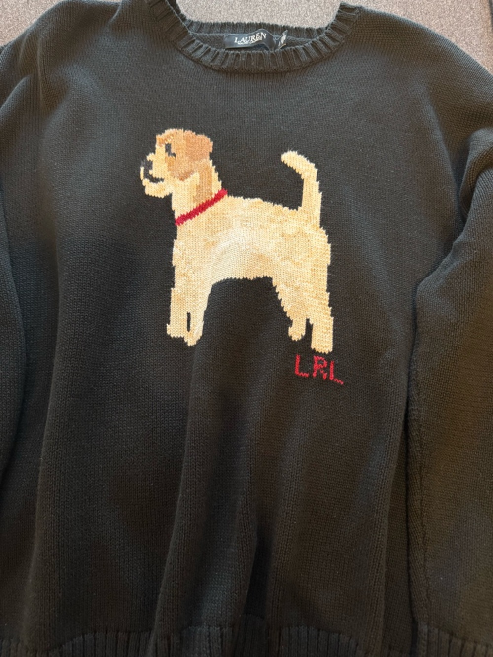 Ralph Lauren Black Crewneck Sweater with Cream & Tan Dog Intarsia - Picture 7 of 9